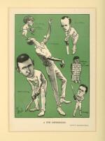 The Ashes. England v Australia 1921. Two bookplate style page extracts, each comprising illustrations by H.F. Crowther-Smith on a green background, both dated 1921. One, titled ‘A Few Impressions’ depicts caricatures of Australians A.A. Mailey, H.L. Colli