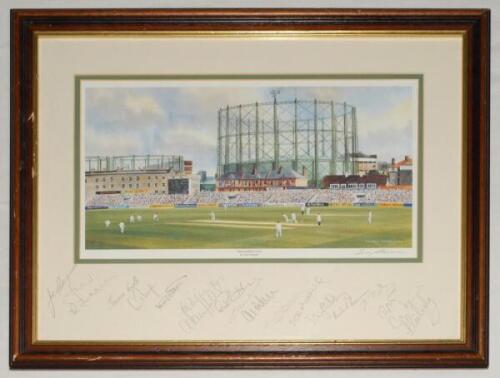 Surrey. ‘The Foster’s Oval’. Terry Harrison. c.1997. Original colour print of a match in progress with the iconic gas holder in the background and large crowds in the stands. Signed by the artist, and to the lower mount border by nineteen members of the S