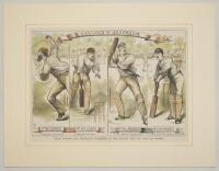 ‘England v Australia. Great English and Australian Cricketers at the Orleans Club’. Rarer original hand coloured double page spread engraving from the 3rd June 1882 issue of Sport and Pastimes, depicting four images of cricketers, W.G. Grace, A.P. Lucas, 