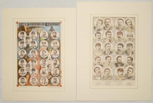 Victorian cricket engravings. Three original hand coloured full page extracts from periodicals of the day. Include two single page illustrations, ‘Our Leading Cricketers, 1888’, dated 22nd October 1888, and ‘Our Cricketing Guests’, date unknown, both from