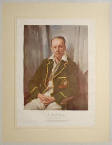 ‘Sir Donald Bradman’. Large colour print of a portrait of Bradman, seated three quarter length wearing Australia Test blazer. Printed title to lower border with description, ‘The original was presented to the South Australian Cricket Association by the Tr