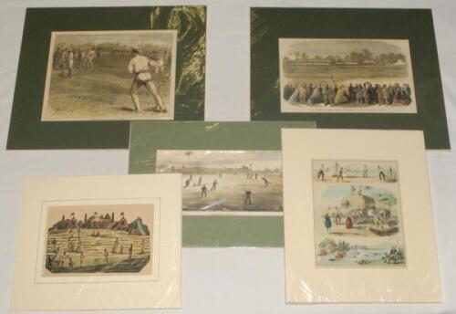 Victorian cricket engravings. A selection of ten original hand coloured engravings taken from periodicals of the day. Titled prints are ‘Cricket Match at Melbourne between the All-England Eleven and Twenty-Two of Victoria’, ‘Cricket- Match at Zanzibar’, ‘