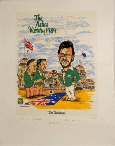 Australia 1989. Three large colour limited edition prints by artist Philo Brazier depicting members of the Australian touring party. One entitled ‘The Tacticians’, signed in pencil to lower border by Allan Border, Bob Simpson and Laurie Sawle, the second 