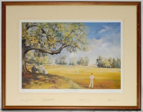 ‘Cricket at Arundel Castle’ by Jocelyn Galsworthy. Limited edition no. 151/500. Signed in pencil to the print by the artist, and to the lower mount border by Colin Cowdrey, Ted Dexter, Mike Brearley and Mike Denness. Mounted, framed and glazed, overall 29