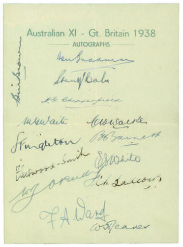 Australian tour of England 1938. ‘Australian XI - Gt. Britain 1938’. Official autograph sheet beautifully signed in ink by fourteen members of the touring party including Jeanes, the tour manager. Signatures are Bradman (Cpt), McCabe, Waite, Walker, Ward,