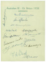 Australian tour of England 1938. ‘Australian XI - Gt. Britain 1938’. Official autograph sheet beautifully signed in ink by fourteen members of the touring party including Jeanes, the tour manager. Signatures are Bradman (Cpt), McCabe, Waite, Walker, Ward,