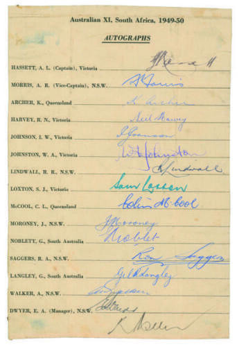 Australian tour of South Africa 1949/50. Official autograph sheet for the Australian touring team nicely signed in ink by all sixteen members of the touring party. Signatures are Hassett (Cpt), Archer, Lindwall, Harvey, Miller, McCool, Morris, Noblett, S