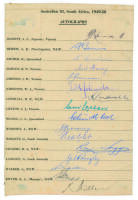 Australian tour of South Africa 1949/50. Official autograph sheet for the Australian touring team nicely signed in ink by all sixteen members of the touring party. Signatures are Hassett (Cpt), Archer, Lindwall, Harvey, Miller, McCool, Morris, Noblett, S