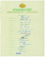 Australian tour of England 1953. ‘Coronation Tour’. Official autograph sheet fully and very nicely signed by all seventeen players. Signatures are Hassett (Cpt), Morris, Archer, Benaud, Craig, Davidson, De Courcy, Harvey, Hill, Hole, Johnston, Langley, Li