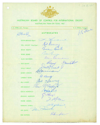 Australian tour of England 1961. Official autograph sheet nicely signed in ink by all nineteen members of the touring party including the Manager, Webb and Treasurer, Steele. Signatures are Benaud, Harvey, Davidson, Lawry, McKenzie, McDonald, Booth, Burge