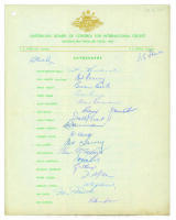 Australian tour of England 1961. Official autograph sheet nicely signed in ink by all nineteen members of the touring party including the Manager, Webb and Treasurer, Steele. Signatures are Benaud, Harvey, Davidson, Lawry, McKenzie, McDonald, Booth, Burge