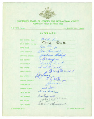 Australian tour of England 1964. Official autograph sheet fully signed in ink by all seventeen members of the touring party. Signatures are Simpson (Cpt), Booth, Burge, Connolly, Corling, Cowper, Grout, Hawke, Jarman, Lawry, McKenzie, Martin, O‚‘Neill, Po