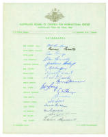 Australian tour of England 1964. Official autograph sheet fully signed in ink by all seventeen members of the touring party. Signatures are Simpson (Cpt), Booth, Burge, Connolly, Corling, Cowper, Grout, Hawke, Jarman, Lawry, McKenzie, Martin, O‚‘Neill, Po