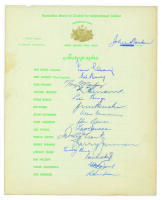 Australian tour of South Africa 1957/58. Official autograph sheet for the Australian touring party very nicely signed by all sixteen of the players and the Manager, John Norton. Signatures are Craig, Harvey, Archer, Benaud, Davidson, Burke, McDonald, Simp