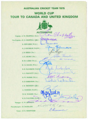 Australian World Cup Tour to Canada and England 1975. Official autograph sheet fully signed in different coloured inks by all nineteen members of the Australian touring party. Players’ signatures include I. Chappell (Captain), G. Chappell, Edwards, Gilmou