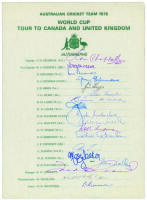 Australian World Cup Tour to Canada and England 1975. Official autograph sheet fully signed in different coloured inks by all nineteen members of the Australian touring party. Players’ signatures include I. Chappell (Captain), G. Chappell, Edwards, Gilmou