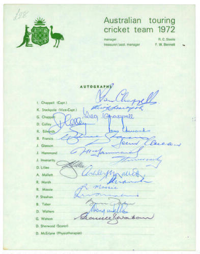 Australian tour of England 1972. Official autograph sheet fully signed by all seventeen playing members of the Australian touring party. Signatures are I. Chappell (Cpt), Stackpole, G. Chappell, Colley, Edwards, Francis, Gleeson, Hammond, Inverarity, Lil