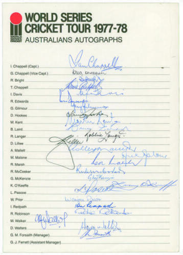 Australia. World Series Cricket Tour 1977/78. Official autograph sheet signed by twenty five members of the Australian team, lacking the last signature of the Assistant Manager G.J. Ferrett. Signatures include I.Chappell, G.Chappell, Gilmour, Laird, Lille