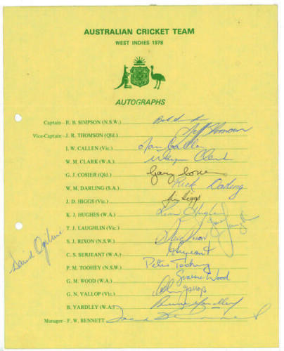 Australian tour of the West Indies 1978. Official autograph sheet fully signed in ink by all sixteen members of the touring party including Simpson, Thomson, Yardley, Hughes, Serjeant, Wood, Yallop, Toohey etc. Plus the additional signature of David Ogilv