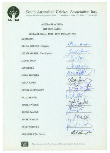 Australia 1992. Official autograph sheet for the Australian team who played India in the fourth Test match at Adelaide on 25th to 29th January 1992. Thirteen signatures including Border, Marsh, Healy, M.Hughes, Reiffel, Warne, Waugh, Whitney etc. Good con