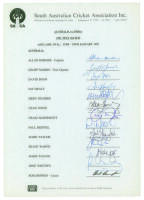 Australia 1992. Official autograph sheet for the Australian team who played India in the fourth Test match at Adelaide on 25th to 29th January 1992. Thirteen signatures including Border, Marsh, Healy, M.Hughes, Reiffel, Warne, Waugh, Whitney etc. Good con