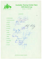 Australia tour of England 1979. Official autograph sheet for the Australian World Cup tour fully signed in ink by all fourteen members of the party including Hughes, Border, Hogg, Yallop, Cosier, Hurst, Darling, Whatmore etc. G