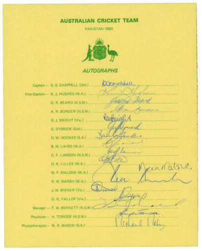 Australian tour of Pakistan 1980. Official autograph sheet fully signed in ink by all seventeen members of the touring party including G. Chappell, Hughes, Border, Hookes, Lillee, Malone, Marsh, Bright, Laird etc. Good condition