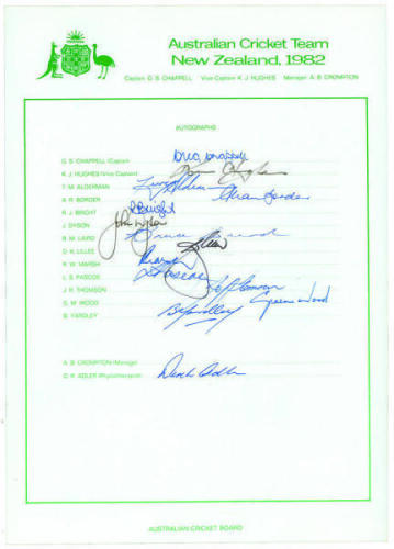 Australian tour of New Zealand 1982. Official autograph sheet signed by fourteen members of the touring party. Players’ signatures include G. Chappell (Captain), Hughes, Alderman, Border, Bright, Lillee, Marsh, Thomson, Wood, Yardley etc. Lacking the sign