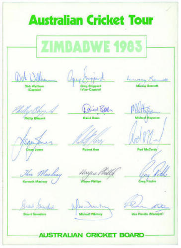 Australian tour of Zimbabwe 1983. Official autograph sheet signed by all fifteen members of the touring party. Signatures include Wellham (captain), Sheppard, Bennett, Boon, Haysman, Jones, Philips, Ritchie, Whitney, Kerr etc. Good condition