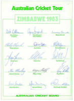 Australian tour of Zimbabwe 1983. Official autograph sheet signed by all fifteen members of the touring party. Signatures include Wellham (captain), Sheppard, Bennett, Boon, Haysman, Jones, Philips, Ritchie, Whitney, Kerr etc. Good condition