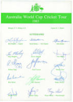 Australian tour of England for the World Cup in 1983. Official autograph sheet fully signed by fifteen members of the touring party including K. Hughes, Hookes, Border, Lillee, Thomson, Marsh, Lawson, Hogg, Wessels, Wood etc. One signature in green ink. L