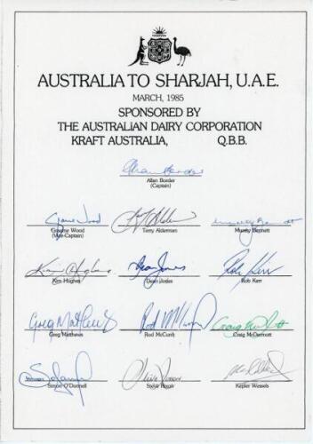 Australian tour of Sharjah 1985. Official autograph sheet fully signed by thirteen members of the touring party including Border, Wood, Alderman, Matthews, O’Donnell, McDermott, Wessels, Jones etc. Good condition