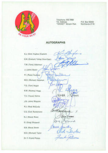 Australian ‘Rebel’ tour of South Africa 1986/87. Official autograph sheet fully signed in ink by all seventeen members of the touring party including K. Hughes (Cpt), Alderman, Dyson, Hogg, Hohns, Rackemann, Rixon, Wessels, Yallop, Hogan etc. Light folds 