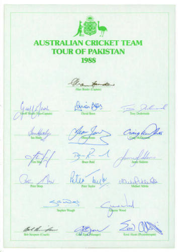 Australian tour of Pakistan 1988. Official autograph sheet fully signed in ink with eighteen signatures including Border, Marsh, Boon, Healy, Waugh, Wood, Reid, May, Sleep etc. G