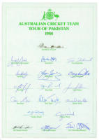 Australian tour of Pakistan 1988. Official autograph sheet fully signed in ink with eighteen signatures including Border, Marsh, Boon, Healy, Waugh, Wood, Reid, May, Sleep etc. G