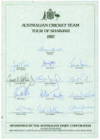 Australian tour of Sharjah 1987. Official autograph sheet fully signed by thirteen members of the touring party including Border, Marsh, Reid, Ritchie, Veletta, S. Waugh, Zoehrer etc. Good condition. A rarer sheet