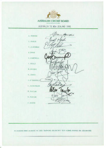 Australian tour of New Zealand 1990. Official autograph sheet fully signed in ink by thirteen members of the touring party including Border, Marsh, Alderman, Boon, Healy, Jones, Rackemann, M. Taylor, P. Taylor, Waugh etc. Good condition. A rarer Australia