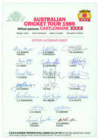 Australian tour of England 1989. Official ‘Castlemaine XXXX’ autograph sheet fully signed in ink by nineteen members of the touring party including Border, Marsh, Alderman, Healy, M. Hughes, Lawson, Taylor, Waugh, May, Velletta etc. Good condition