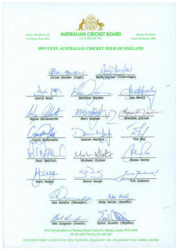 Australia tour of England 1993. Official autograph sheet fully signed in ink by all twenty one members of the Australian touring party including Border, Warne, Taylor, Hayden, Healy, May, Slater, M & S. Waugh, Boon, Julian, Holdsworth etc. Good condition