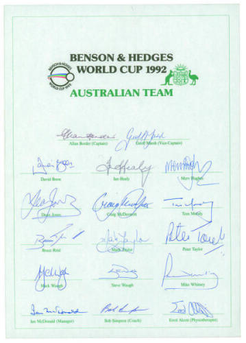 Australia ‘World Cup’ 1992. Official autograph sheet for the Australian team who played in the World Cup in Australia. Seventeen signatures including Border, Marsh, M. Hughes, Moody, Reid, M. Taylor, M. Waugh, S. Waugh, McDermott etc. Good condition