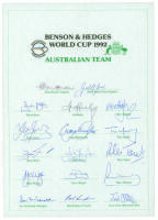 Australia ‘World Cup’ 1992. Official autograph sheet for the Australian team who played in the World Cup in Australia. Seventeen signatures including Border, Marsh, M. Hughes, Moody, Reid, M. Taylor, M. Waugh, S. Waugh, McDermott etc. Good condition