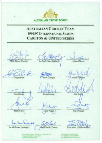 Australia 1996/1997. Official autograph sheet for the Australian team who played the West Indies and Pakistan in 1996/97. Fifteen signatures including Taylor, Healy, Bevan, McGrath, Warne, Waugh, Ponting, Blewett etc. Good condition