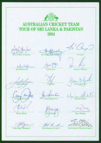 Australian tour of Sri Lanka & Pakistan 1994. Official autograph sheet fully signed in ink with eighteen signatures including Taylor, Healy, Langer, McGrath, Warne, M & S. Waugh, Robertson, Bevan, Angel, Fleming, Slater etc. Folds, good condition