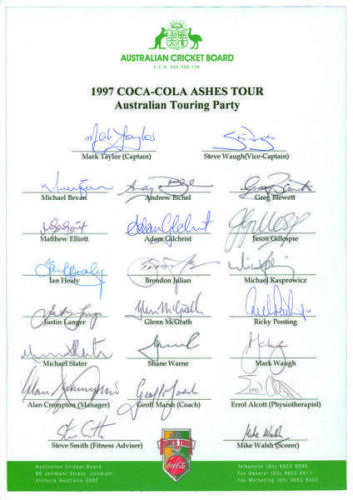 Australia tour to England 1997. Official autograph sheet signed by all twenty two members of the Australian touring party. Signatures include Taylor (Captain), S. Waugh, Bevan, Blewett, Elliott, Gillespie, Healy, Julian, Kasprowicz, Langer, McGrath, Ponti