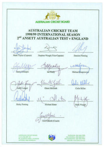 Australia 1998/1999. Official autograph sheet for the Australian team who played England in the second Test at Perth in 1998/99. Thirteen signatures including Taylor, S. Waugh, Fleming, Gillespie, Langer, M. Waugh, Warne, Slater, McGrath etc. Good conditi