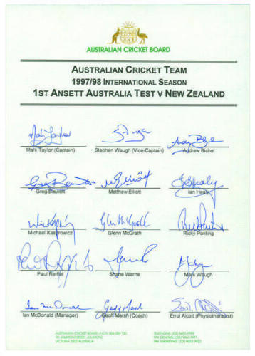 Australia 1997/1998. Official autograph sheet for the Australian team who played New Zealand in the first Test at Brisbane in 1996/97. Fifteen signatures including Taylor, Healy, Warne, Waugh, Reiffel, Kasprowicz, Elliott, Bichel, McGrath etc. Good condit