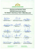 Australia 1997/1998. Official autograph sheet for the Australian team who played New Zealand in the first Test at Brisbane in 1996/97. Fifteen signatures including Taylor, Healy, Warne, Waugh, Reiffel, Kasprowicz, Elliott, Bichel, McGrath etc. Good condit