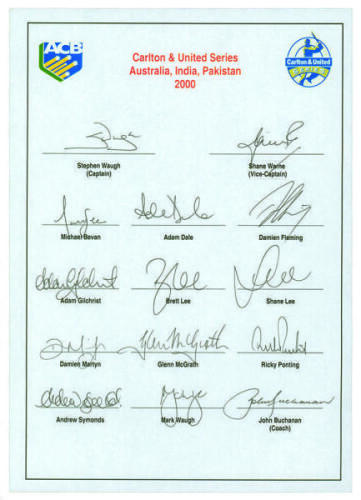 Australia 2000. Official autograph sheet for the Australian team who played India and Pakistan in the One Day Series in 2000. Fourteen signatures including S. Waugh, Warne, McGrath, Bevan, Fleming, Gilchrist, Lee, Ponting, Martyn etc. Good condition