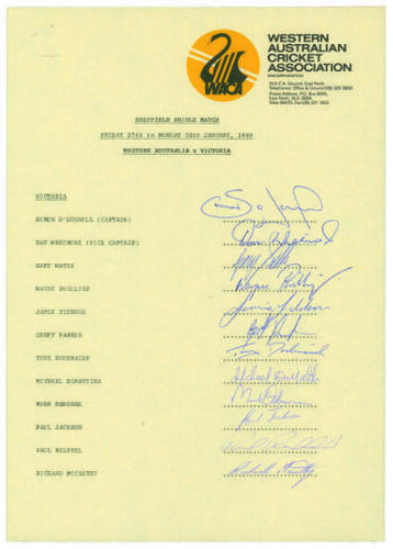 Victoria Cricket Association. Three official autograph sheets for Victoria v Western Australia 1989 (12 signatures), Victoria v South Australia 1995 (9 signatures) and Victoria v Pakistan 1995 (11 signatures). Signatures include O’Donnell, Whatmore, Siddo