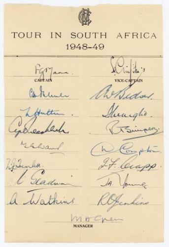 M.C.C. tour of South Africa 1948/49. Official autograph sheet fully signed in ink by all seventeen members of the touring party including the Manager, Green. Players’ signatures are Mann (Captain), Griffith, Palmer, Hutton, Washbrook, Evans, Tremlett, Gla